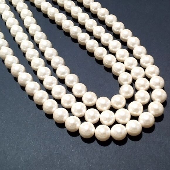 Classic Multi Strand Faux Pearl Necklace 3 Strand 10mm Beads Gold Tone Clasp - Picture 2 of 6